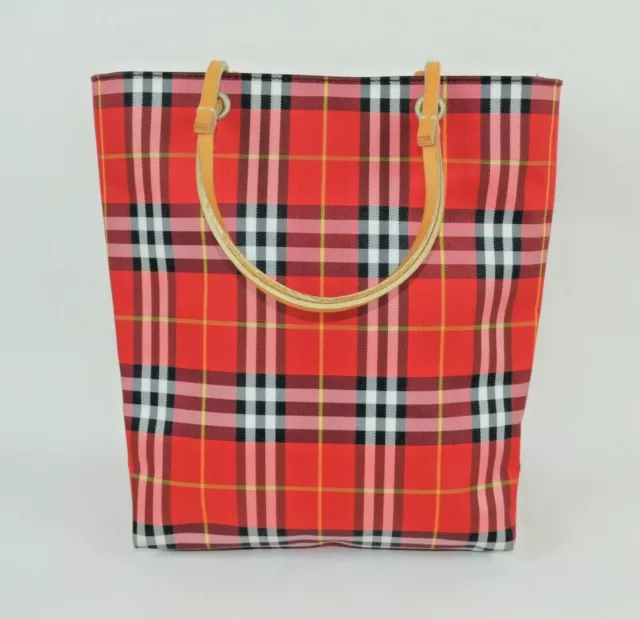 Burberry London Red & Brown Nova Check Nylon Leather Small Tote Hand Bag Purse