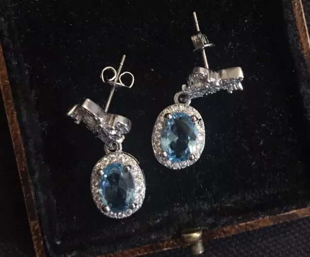 Vintage Style Blue Topaz And White Zircon Earrings 18K White Gold Plated