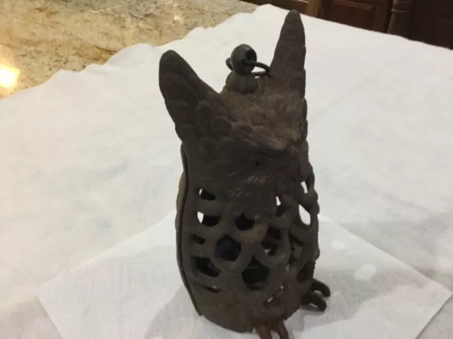 Vintage/antique cast iron garden  tea lantern "Owl shape" 10 inches 