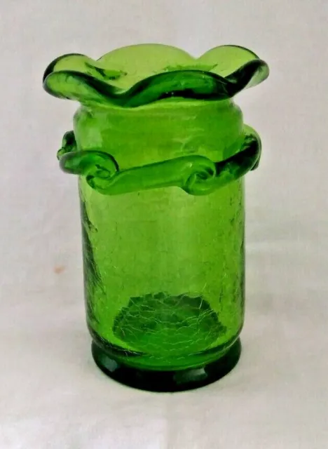 Blown Crackle Glass Green Uranium Bud Vase 4" Tall Ruffled Applied Trim-IT GLOWS
