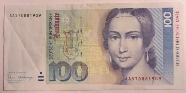 100 DM Schein, von 2. Januar 1989, mit geringen Gebrauchsspuren.