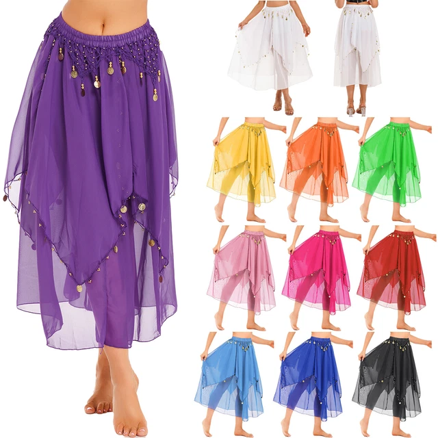 Women Girls Belly Dance Skirts Chiffon Beaded Coins Party Layered Dancing Skirt