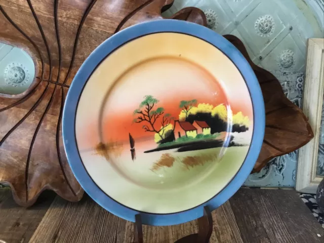 Vintage Lusterware Hand Painted 7.5” Plate Made in Japan  Blue & Orange Boat