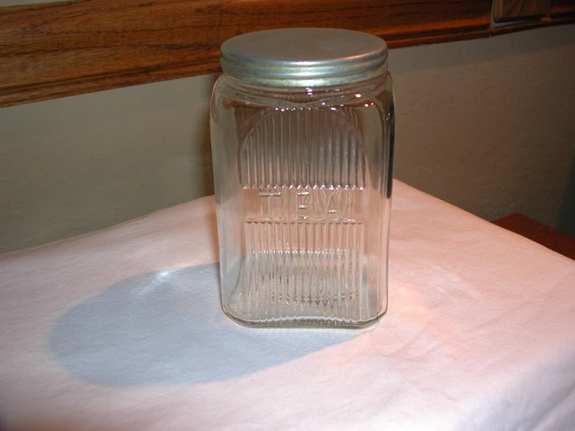HOOSIER CABINET NAPANEE MISSION TEA JAR W/LID Raised Script 5 1/4" Original