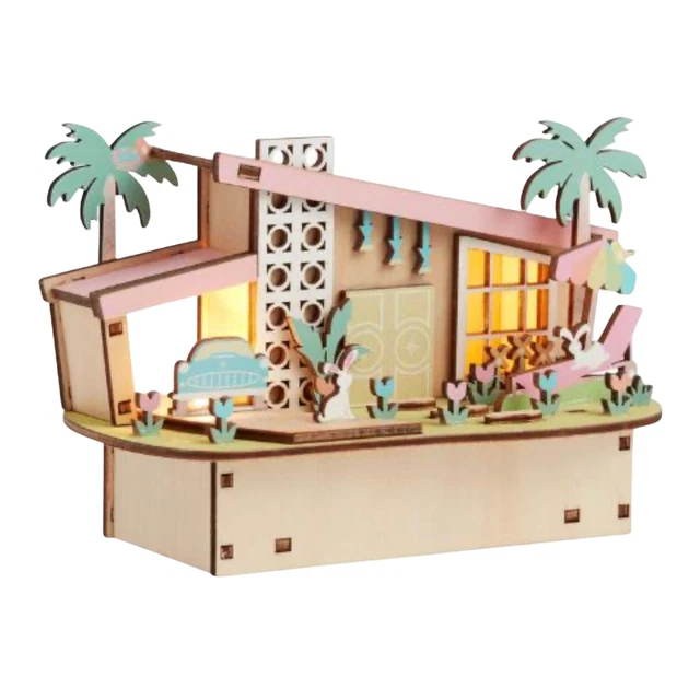 NWT Easter Spring Pastel Laser Cut Wood Mid Century House LED Light Up Decor