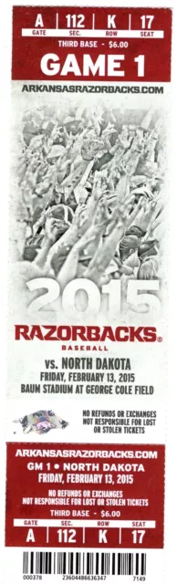 Arkansas Razorbacks Baseball Ticket Stub North Dakota 2/13/2015 Baum Stadium