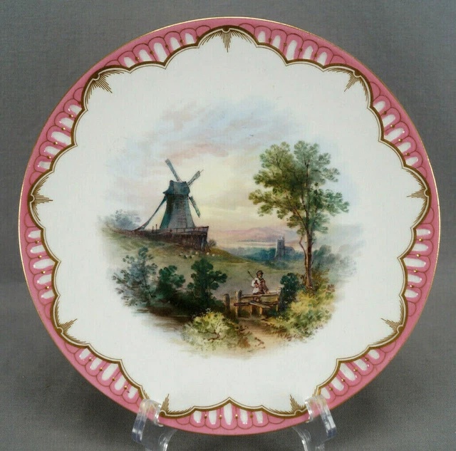Brownfield Hand Painted Windmill Landscape Scene Pompadour Pink & Gold Plate