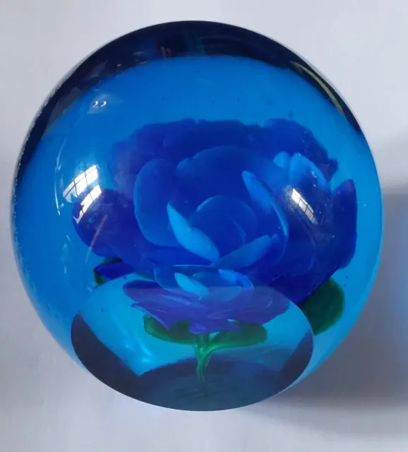 Vintage Blue Glass Paperweight with Flower inside