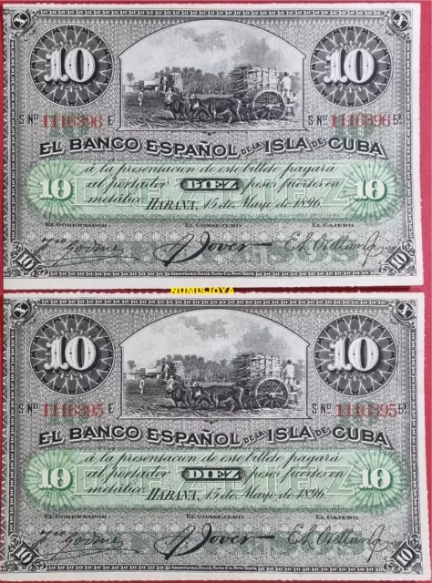 España COLONIAL PAREJA CORRELATIVA 10 PESOS Banco Español año 1896 SIN CIRCULAR.