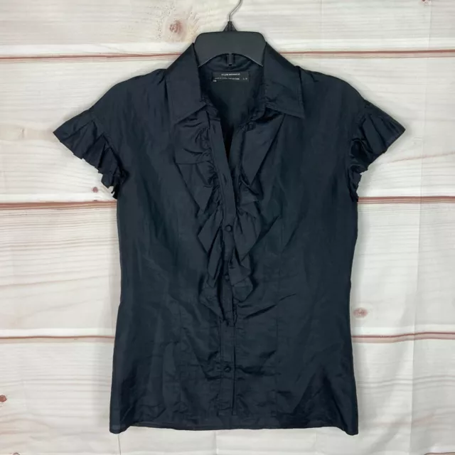 Club Monaco Top Womens S Black Silk Button Up Blouse Ruffle Collar Short Sleeve