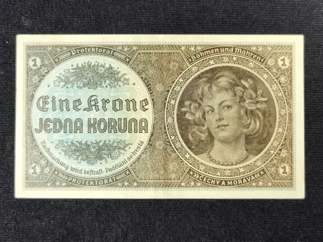 1940 Bohemia & Moravia (Third Reich) 1 Koruna Note F-VF Banknote (P-3a) #2