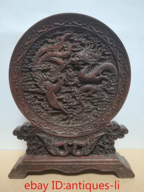 Chinese boxwood carving antique landscape pot dragon and phoenix screen