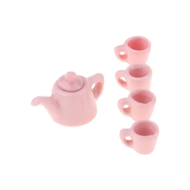 5pcs 12th Dollhouse Miniature Dining Ware Porcelain Tea Set Cups Pot Pink