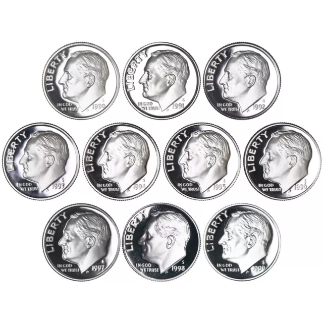 1990-1999 S Roosevelt Dime Gem DCam Proof Run 10 Coin Decade Set US Mint Lot