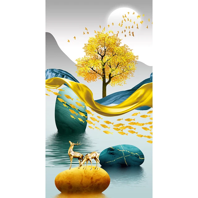 Golden Deer on Water Oil Paint By Numbers Kit DIY Acrylic Painting on Canvas Set