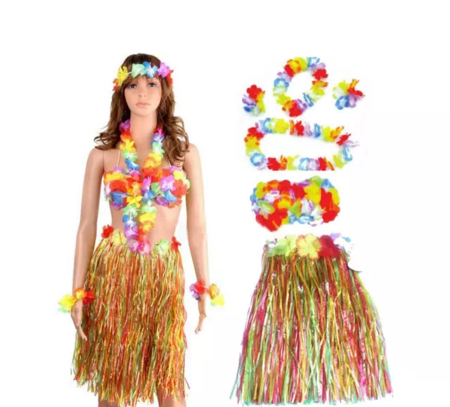 5Pcs Hawaiian Fancy Dress Set Hula Costume Grass Skirt Flower Garland Bra Aloha