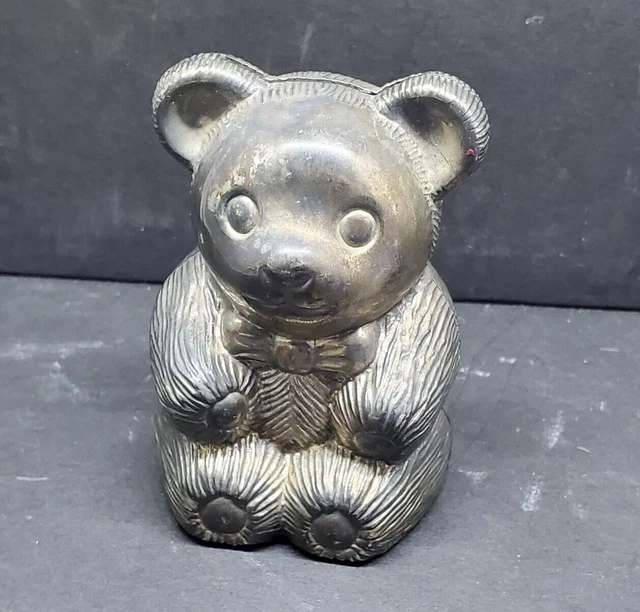 Vintage Silverplate Zinc Italy Teddy Bear Bank 3.5 Inch Piggy Bank