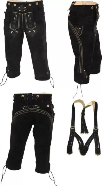 bayrische Trachten Lederhose Kniebundlederhose mit Träger   schwarz Oktoberfest
