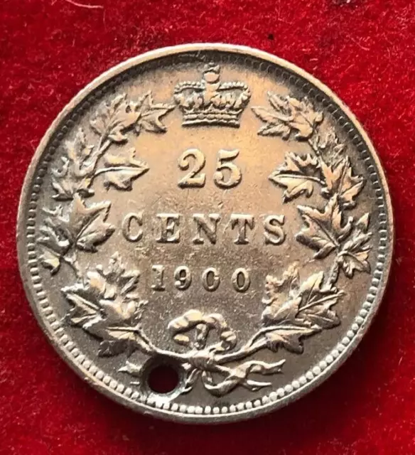 CANADA TWENTY-FIVE CENTS 1900 VICTORIA MINTAGE 1,320,000. 92.%% SILVER holed