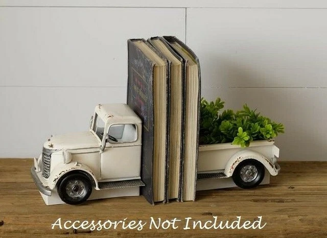 NEW Farmhouse WHITE TRUCK BOOKENDS Primitive VINTAGE Look Antique Style Metal