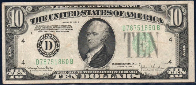 United States USA US Circulated VF Note $10 Dollars 1934 D Cleveland Green Seal