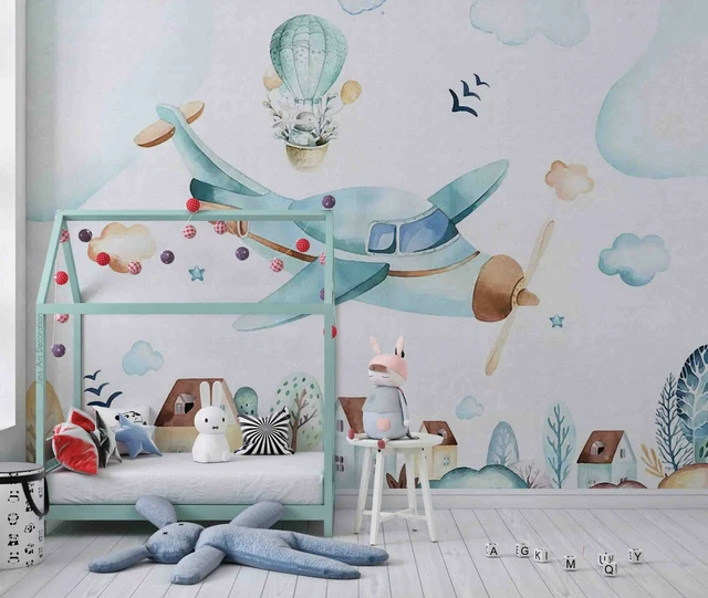 WAFT YEARN Airplane & Hot Air Balloon Wall Decal Set - Watercolor Vinyl Stickers For Kids Room, Nursery, Living Room