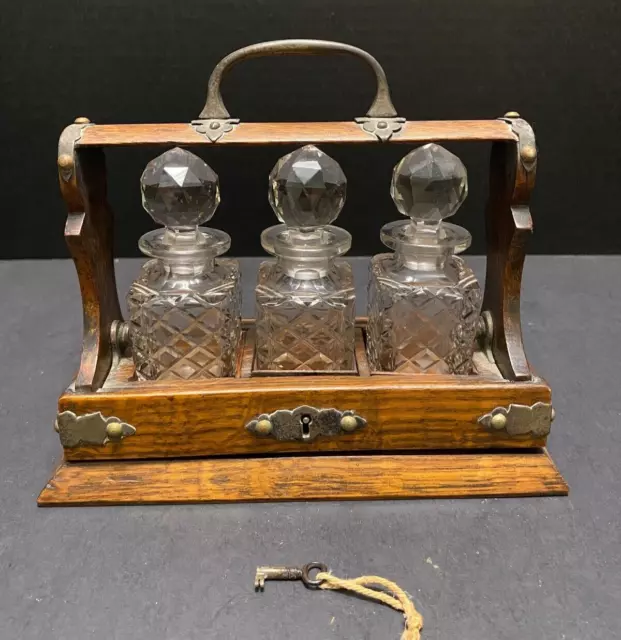 Miniature Tantalus Excelsior Antique Oak & Brass 3 Glass Bottles 19th Century