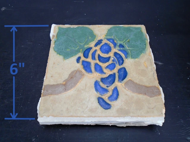 VERY RARE - Grueby Tile - (4 COLOR) w/BLUE GRAPES - 6x6 - with MAKERS MARK