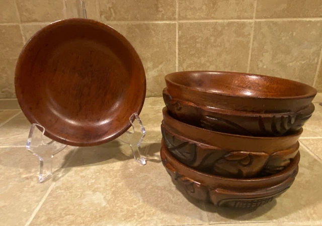 Vintage Hand Carved Teak Wooden Wood Bowls MCM Unique Artisan 4 Piece
