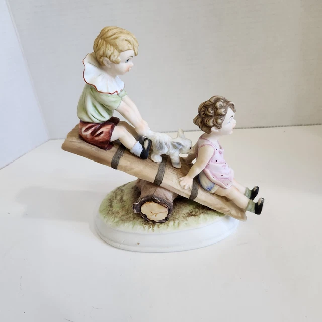 Vintage Lefton Porcelain Children & Dog on See Saw / Teeter Totter KW-5966 Japan