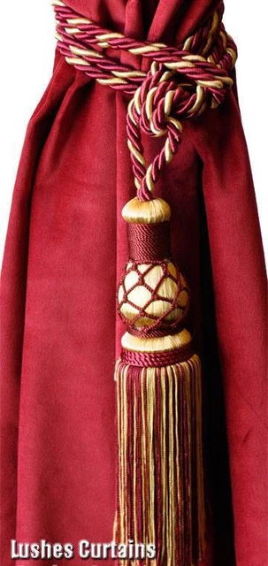 Elegant Burgundy/Gold Window Treatment Curtain Drapery Tassel Rope Cord Tie-back
