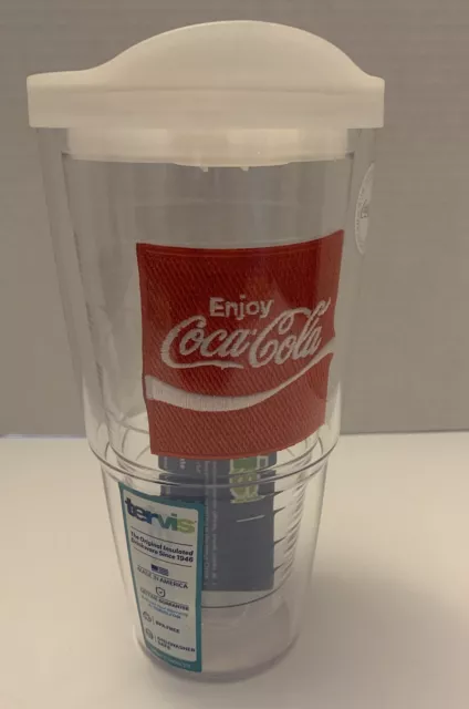 Coca-Cola Embroidered Red Patch 24oz "Enjoy" Tervis Tumbler Cup White Lid Clear