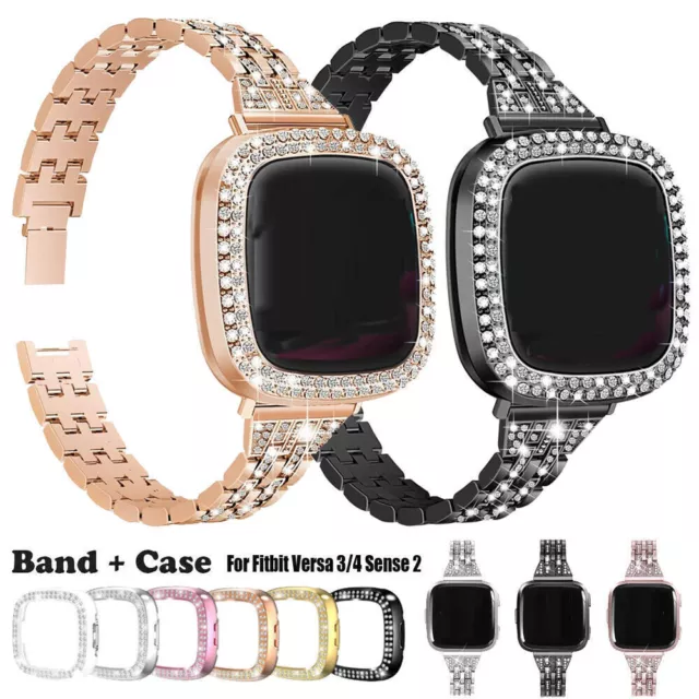 For Fitbit Versa 4 3 / Sense 2 1 Diamond Bling Watch Band Wrist Strap + PC Case