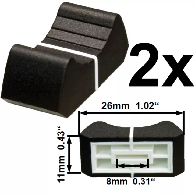 Sifam 2x FADER KNOBs CAP BLACK 8mm slide potentiometer replacement pot 26x11mm