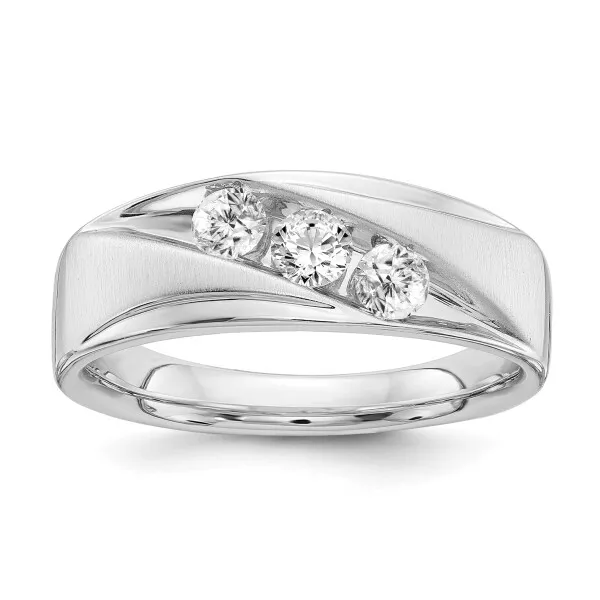 14K White Gold Lab Grown Created Diamond Mens 3 Stone Wedding Band Ring