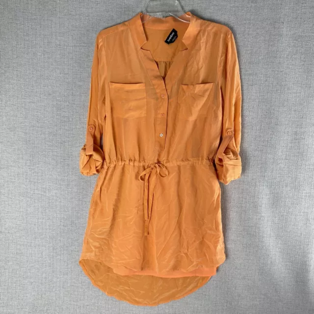 Bebe Shirt Dress Size M Orange Silk with Slip Drawstring Waist Roll Tab Sleeve