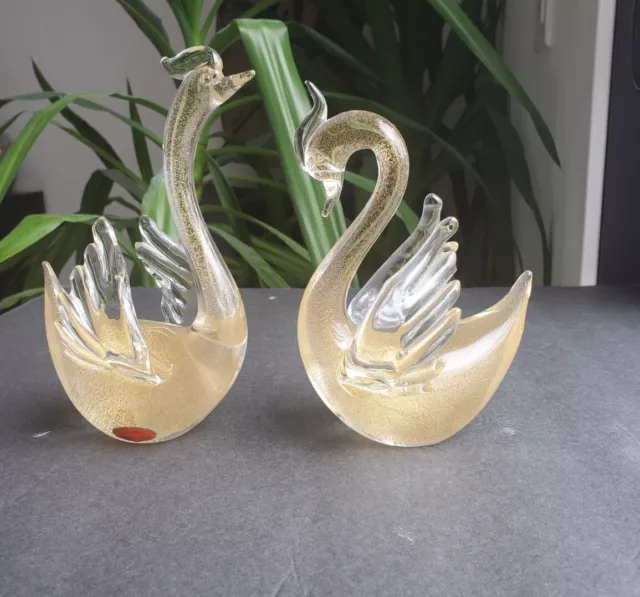 Archimede Seguso Murano GOLD FLECK Swans Pair Signed H 6"