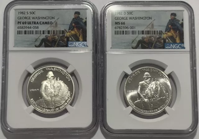 1982 S D NGC PF69 MS66 PROOF & MINT STATE SILVER 50c GEORGE WASHINGTON HALF SET