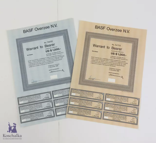 BASF. Overzee N.V.  1969, 2x 1000 USD, 2 hist. Optionsscheine, Original (EK9/37)