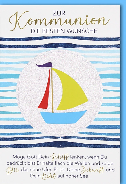 Kommunionskarte Glitzerlack und Folienprägung Spruch Gott Schiff lenken