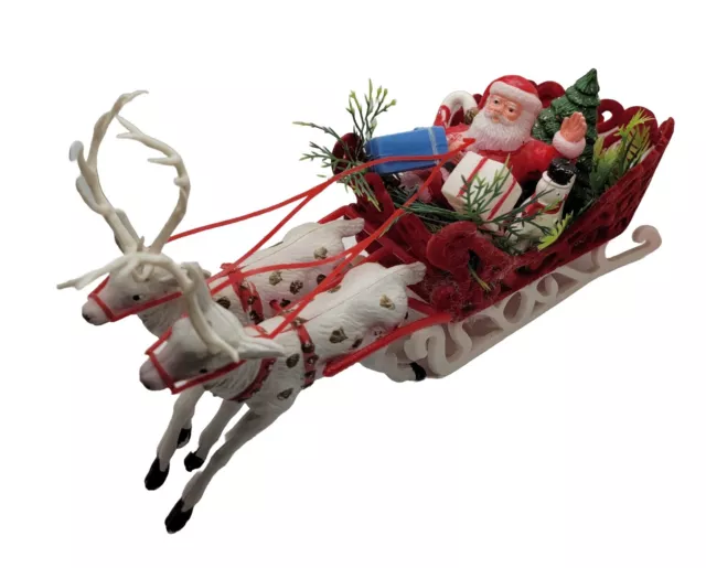 Vintage Mid Century Plastic Santa in Sleigh with Reindeer Retro Cool