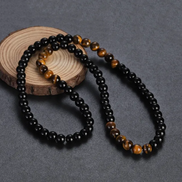 Mens Beads Necklace Black Obsidian Tiger Eye Stone Healing Chakra Necklace 24''