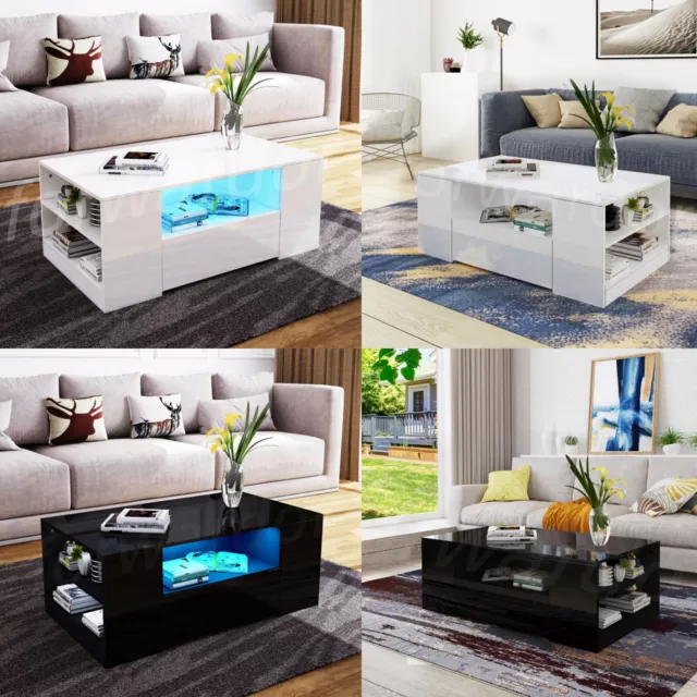 High Gloss LED Modern Coffee Table Wooden Drawer Storage Living Room Furniture