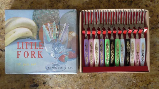 ORIGINAL BOX SET x 12    1950s - 1960s LITTLE FORK Cocktail Forks Vintage Kitsch