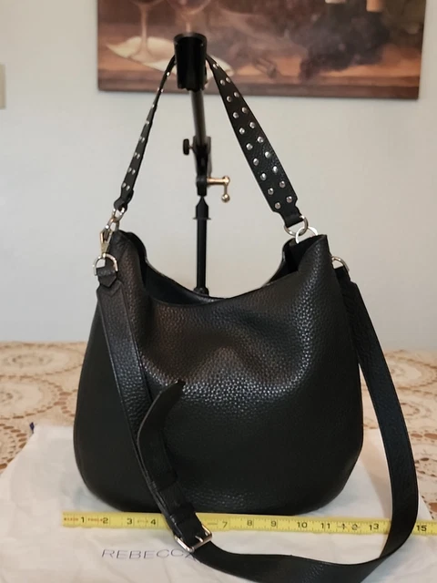 Rebecca Minkoff black leather Hobo Shoulder Bag with crossbody Strap silver trim