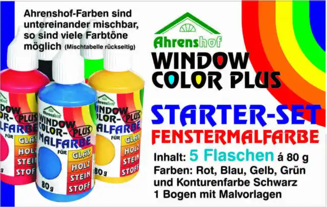 3x Ahrenshof Window Color Plus Starter-Set Fenstermalfarbe 5 Farben + Malvorlage