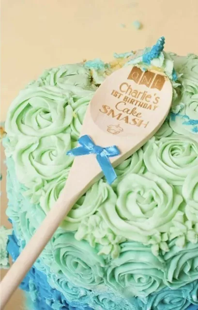 Personalised Engraved Wooden Cake Smash Spoon Babies 1st Birthday