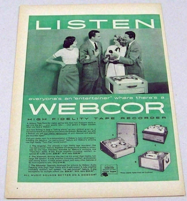 1957 Print Ad Webcor High Fidelity Tape Recorders 3 Models Couples Record