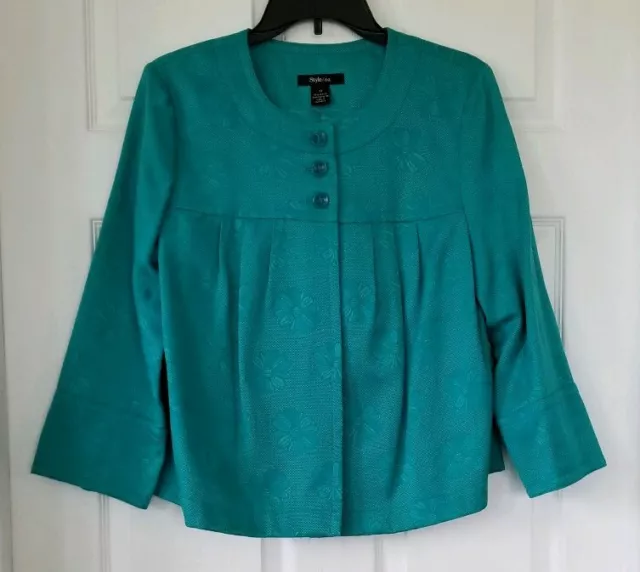 STYLE & CO. Teal Daisy Embossed Long Sleeve Cropped Jacket Women's Size 10