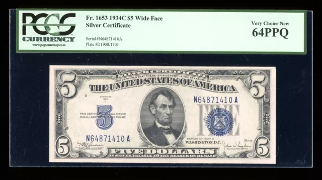 DBR $5 1934-C Silver  Fr. 1653W NA Block Wide Face PCGS 64 PPQ Serial N64871410A